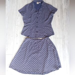 Emma James Petite Womens Blouse and Skirt Size 10P Blue/Tan